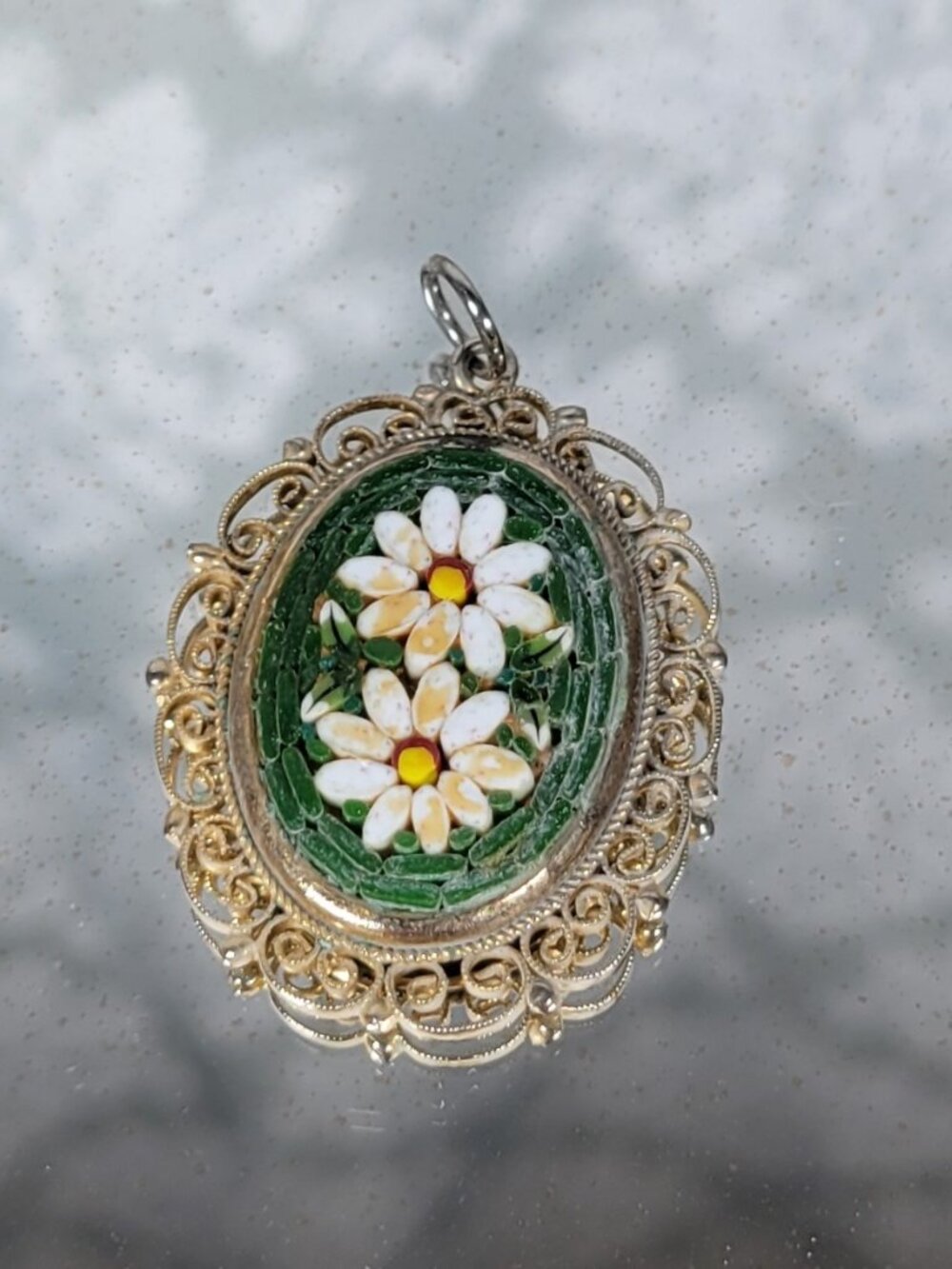 Vintage Italian Micro Mosaic Pendant Featuring White Daisies